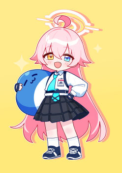 1girl absurdres ahoge black_gloves black_shoes black_skirt blue_archive blue_eyes blue_necktie blush carrying carrying_under_arm chibi fang fingerless_gloves full_body gloves halo heterochromia highres hoshino_(blue_archive) huge_ahoge jorang_(jorang08) long_hair long_sleeves looking_at_viewer necktie open_mouth pink_hair puffy_long_sleeves puffy_sleeves shirt shoes simple_background skin_fang skirt socks solo standing stuffed_animal stuffed_toy stuffed_whale white_shirt white_socks yellow_background yellow_eyes