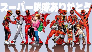 Rule 34 | 1girl, 6+boys, armor, avataro sentai donbrothers, backpack, bag, bakuage sentai boonboomger, black bodysuit, blue pants, bodysuit, boonboom changer, bun red, bustier, cape, commentary request, donmomotarou, engine sentai go-onger, geki red, go-on red, gokai red, gosei red, gosei sentai dairanger, gozyuwolf, grey background, hand fan, helmet, highres, holding, holding fan, hood, hood down, hoodie, in-franchise crossover, juuken sentai gekiranger, kaizoku sentai gokaiger, kuwagata ohger, kyoryu red, multicolored bodysuit, multiple boys, no.1 sentai gozyuger, ohsama sentai king-ohger, pants, pink hoodie, red armor, red bodysuit, red bustier, red cape, red helmet, red hoodie, samurai sentai shinkenger, seyakara sekara, shinken red, super sentai, tokumei sentai go-busters, tokusatsu, translation request, two-tone bodysuit, white bodysuit, zyuden sentai kyoryuger