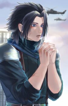 1boy aged_down aircraft armor belt belt_buckle black_hair blue_eyes blue_jacket blue_scarf blurry blurry_background breath bruise bruise_on_arm bruise_on_hand buckle chinese_commentary cloud cloudy_sky cold commentary_request crisis_core:_final_fantasy_vii final_fantasy final_fantasy_vii helicopter highres holding_hands injury jacket male_focus open_mouth outdoors own_hands_together parted_bangs rulerslowly scarf shinra_infantry_uniform short_hair shoulder_armor sky solo spiked_hair upper_body zack_fair