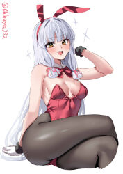 Rule 34 | 1girl, animal ears, artist name, blush, breasts, brown eyes, cropped legs, crossed legs, detached collar, ebifurya, fake animal ears, foreshortening, gloves, grey hair, hair ribbon, hand up, highleg, highleg leotard, highres, invisible chair, kantai collection, leotard, long hair, looking at viewer, medium breasts, murakumo (kancolle), one-hour drawing challenge, open mouth, pantyhose, pink ribbon, playboy bunny, rabbit ears, red leotard, ribbon, sidelocks, simple background, sitting, smile, solo, sparkle, strapless, strapless leotard, teeth, thick thighs, thighs, tress ribbon, twitter username, upper teeth only, very long hair, white background, white gloves