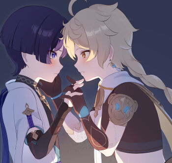 Rule 34 | 2boys, aether (genshin impact), ahoge, blonde hair, blue eyes, blue hair, blush, braid, closed mouth, commentary request, crop top, earrings, eye contact, genshin impact, gloves, highres, jewelry, looking at another, male focus, mikan (akasa051), multiple boys, scaramouche (genshin impact), short sleeves, teeth, wanderer (genshin impact), yaoi, yellow eyes