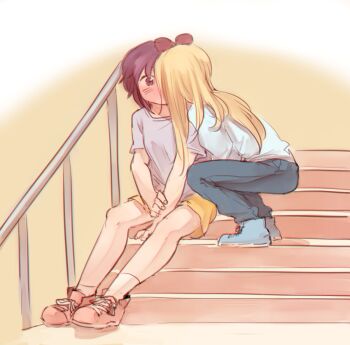 2girls blonde_hair blue_pants blue_shoes blush bow brown_eyes brown_hair chadolbaegi character_request check_character commentary_request denim from_behind funami_yui grey_shirt hair_bow implied_kiss jeans kiss long_hair multiple_girls pants pink_shoes railing red_bow shirt shoes short_hair short_sleeves shorts sitting socks squatting stairs toshinou_kyouko vignetting white_background white_shirt white_socks yellow_background yellow_shorts yuri yuruyuri
