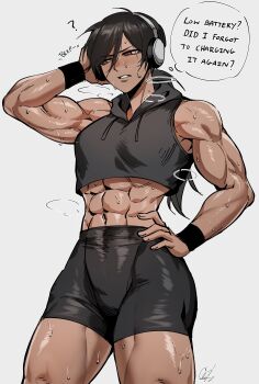 1girl ? abs absurdres black_hair black_shorts cropped_hoodie dark_skin english_text frown hand_on_own_hip headset highres hood hoodie kazuya_(kozun) long_hair muscular muscular_female orange_eyes original shorts signature simple_background sleeveless sleeveless_hoodie solo speech_bubble steaming_body sweat sweatband teeth tomboy white_background