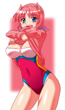 Rule 34 | 1girl, aqua eyes, clothes lift, female focus, hibino aki, multicolored hair, one-piece swimsuit, original, pink hair, short hair, solo, sweater, sweater lift, swimsuit, two-tone hair, yonecchi
