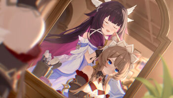 2girls absurdres animal_ears aplior bare_shoulders black_hair black_sleeves blue_eyes blurry blurry_foreground blush brown_hair closed_eyes closed_mouth colored_inner_hair columbina_(genshin_impact) commentary_request detached_collar detached_sleeves dress dutch_angle fake_animal_ears feathered_wings frilled_dress frills genshin_impact hair_between_eyes hair_ribbon head_wings highres indoors long_hair long_sidelocks makeup_brush mirror multicolored_hair multiple_girls multiple_wings open_mouth pink_hair reflection reflection_focus ribbon sandrone_(genshin_impact) sidelocks sitting smile standing table vanity_table very_long_hair white_dress white_mask white_ribbon white_wings wings