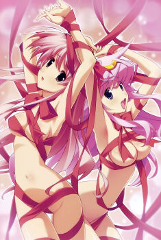2000s_(style) 2girls absurdres antenna_hair armpits arms_up bdsm blood_tune blurry blurry_background blush bokeh bondage bound bound_arms bound_breasts bound_legs bound_together bound_wrists bow bowtie breasts chaos;head convenient_censoring dated depth_of_field embarrassed excited floating_hair from_side gold_hairband groin groin_tendon hair_between_eyes hair_ornament hairband head_tilt highres holding_hands light_particles long_hair looking_at_viewer matsuo_yukihiro medium_breasts multiple_girls naked_ribbon narrow_waist navel necktie official_art open_mouth pink_background pink_eyes pink_hair purple_eyes red_lips red_ribbon restrained ribbon ribbon_bondage sakihata_rimi scan science_adventure seira_orgel small_breasts stomach teeth tongue upper_teeth_only wrapped_up