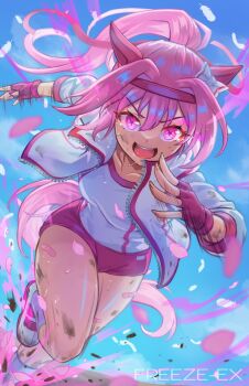 1girl animal_ears bandaid bandaid_on_leg blue_sky bow breasts buruma collarbone commentary dirt dirty dirty_face ear_bow ear_covers eye_trail fingerless_gloves flower-shaped_pupils flower_in_eye freeze-ex gloves hairband haru_urara_(bestest_prize)_(umamusume) haru_urara_(umamusume) headband highres horse_ears horse_girl horse_tail jacket light_trail long_hair looking_at_viewer medium_breasts open_mouth petals pink_buruma pink_eyes pink_hair pink_headband ponytail red_buruma red_gloves red_headband running shirt sky smile socks solo striped_clothes striped_socks sweat symbol-shaped_pupils symbol_in_eye tail teeth umamusume upper_teeth_only white_jacket white_shirt