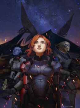 1boy 2girls armor asari asari_(mass_effect) commander_shepard commander_shepard_(female) garrus_vakarian highres liara_t&#039;soni mass_effect_(series) misaoooart multiple_girls n7_armor night night_sky reaper_(mass_effect) sky star_(sky) tumblr turian