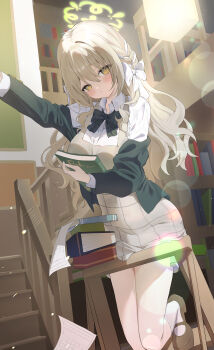 1girl absurdres blue_archive book book_stack bow bowtie breasts brown_eyes brown_hair brown_shoes collared_shirt commentary diagonal-striped_bow diagonal-striped_bowtie diagonal-striped_clothes expressionless green_bow green_bowtie green_halo green_jacket hair_bow halo highres holding holding_book indoors jacket jinbei_(user_tpny4757) long_hair long_sleeves looking_at_viewer miyo_(blue_archive) shirt shoes skirt solo striped_bow striped_bowtie striped_clothes white_bow white_shirt