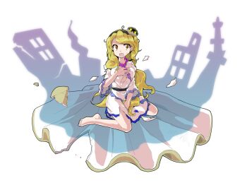 1girl alphes_(style) barefoot between_legs black_hairband blonde_hair blush breasts clam_shell_ornament collarbone commentary_request dairi defeat dress fossilized_wonders frilled_sleeves frills full_body hairband hand_between_legs hand_on_own_chest highres large_variant_set long_hair medium_breasts parody side_slit solo style_parody tachi-e torn_clothes touhou transparent_background variant_set very_long_hair watari_nina wavy_hair white_dress wide_sleeves