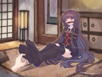 Rule 34 | 1girl, 1other, absurdres, alternate costume, artist name, ball gag, bdsm, black jacket, black necktie, black skirt, black thighhighs, blush, bondage, bound, chinese commentary, collared shirt, commentary request, contemporary, crying, crying with eyes open, dated, drooling, gag, gagged, highres, houraisan kaguya, indoors, jacket, long hair, miniskirt, necktie, nero augustus, pleated skirt, restrained, saliva, school uniform, shibari, shibari over clothes, shirt, sitting, skirt, solo focus, tatami, tears, thighhighs, tickling, tickling feet, touhou, trembling, very long hair, white shirt