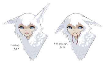 :3 blue_eyes closed_mouth feathers harpy highres jejejunum monster_girl nethermare original portrait proboscis simple_background smile solo tongue tongue_out white_background white_feathers white_fur