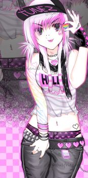 1girl :p arm_tattoo artist_name baseball_cap belt black_nails black_scarf bracelet breasts chain_choker checkered_background clothes_writing crop_top face_piercing facial_mark fang fingerless_gloves fingernails gh0ulfriendd gloves grey_pants hand_up hat heart heart_facial_mark heart_tattoo highres holding holding_heart jewelry low_twintails medium_breasts midriff multicolored_eyes multicolored_hair multicolored_hat multiple_bracelets nail_polish navel_piercing nose_piercing original panties pants panty_peek piercing pink_panties pink_streaks rainbow_eyes rainbow_heart ring scarf scene_fashion shirt skull_print solo star_(symbol) star_print stitched_neck stitches streaked_hair striped_clothes striped_shirt tattoo tongue tongue_out tongue_piercing twintails underwear wallet_chain white_hair