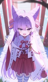 1girl absurdres arm_at_side blue_eyes bow bowtie collared_shirt commentary cone_hair_bun double_bun feet_out_of_frame from_above grey_shirt hair_bun hair_intakes hair_ornament hair_rings hakama hakama_skirt hand_up heterochromia highres japanese_clothes kinsuke_z kosode long_sleeves looking_at_viewer looking_up miniskirt open_mouth outdoors pom_pom_(clothes) pom_pom_hair_ornament red_bow red_bowtie red_skirt shadow shirt skirt sleeves_past_fingers sleeves_past_wrists smile standing stellive striped_clothes striped_thighhighs untranslatable_commentary tenko_shibuki thighhighs virtual_youtuber wide_sleeves wing_collar yellow_eyes zettai_ryouiki