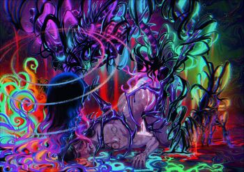 2boys anal ass black_hair blackberreh-art blood claws commentary cum cum_in_ass curly_hair design_speculation distortion_(tma) english_commentary eye_tattoo gerard_keay highres lips long_fingers long_hair male_focus monster monster_boy monster_sexualization multicolored_hair multiple_boys nosebleed nude penis psychedelic rainbow_hair septum_piercing shoulder_tattoo size_difference skeleton snakebite_(piercing) tattoo teratophilia the_magnus_archives top-down_bottom-up yaoi