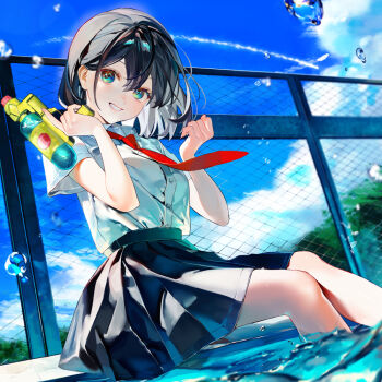 1girl black_hair black_skirt blue_sky chain-link_fence cloud cloudy_sky collared_shirt commentary_request day fence green_eyes grin hair_between_eyes holding holding_water_gun looking_at_viewer making-of_available necktie nxmly official_art original outdoors pleated_skirt pool poolside red_necktie school_uniform second-party_source shirt shirt_tucked_in short_hair short_sleeves sitting skirt sky smile soaking_feet water_drop water_gun white_shirt