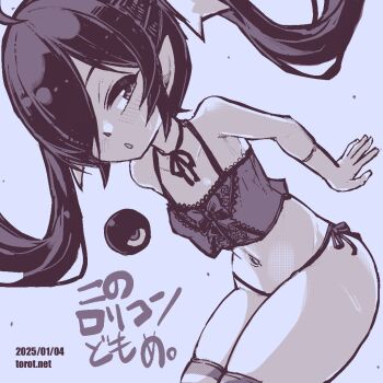 1girl :o backbeako_(torotei) backbeard blush breasts camisole commentary dated dated_commentary dutch_angle gegege_no_kitarou gloves hair_over_one_eye hair_ribbon kono_lolicon_domome loli long_hair looking_at_viewer looking_to_the_side monochrome navel neck_ribbon original paid_reward_available panties parted_lips pear-shaped_figure pointy_ears ribbon side-tie_panties simple_background sitting skindentation small_breasts solo striped_clothes striped_thighhighs sweat thighhighs thighs torotei translated twintails underwear watermark web_address white_background
