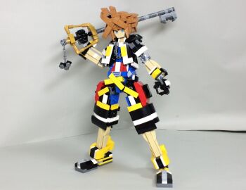 Rule 34 | 1boy, black hoodie, black shoes, black shorts, blue eyes, blue shirt, brown hair, full body, holding, holding weapon, hood, hood down, hoodie, keyblade, kingdom hearts, kingdom hearts ii, lego (medium), nanoka boozu, over shoulder, shirt, shoes, short hair, shorts, sneakers, solo, sora (kingdom hearts), unconventional media, weapon, weapon over shoulder