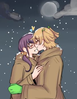 2girls bell blonde_hair bluhkiel brown_coat closed_eyes closed_mouth cloud coat commentary daiba_nana glasses gloves green_gloves grin hair_bell hair_ornament heart highres hoshimi_junna long_hair moon multiple_girls night outdoors purple_hair shoujo_kageki_revue_starlight smile snowing twintails yuri
