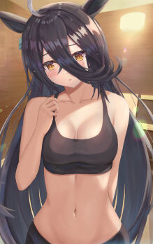 Rule 34 | 1girl, ahoge, animal ears, bare shoulders, black hair, black shorts, black sports bra, blush, breasts, cleavage, collarbone, commentary request, ear tag, earrings, hair between eyes, highres, horse ears, horse girl, jewelry, long bangs, long hair, long hair between eyes, looking at viewer, manhattan cafe (umamusume), medium breasts, multicolored hair, navel, parted lips, sauna, shorts, single earring, solo, sports bra, stomach, thurumu, umamusume, very long hair, white hair, yellow eyes