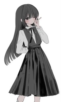 1girl arm_behind_back black_bow black_bowtie black_hair black_skirt blush bow bowtie brown_eyes closed_mouth collared_shirt hand_up highres light_smile long_skirt long_sleeves looking_at_viewer one_eye_closed original pleated_skirt shirt simple_background skirt solo v wanoumi white_background white_shirt