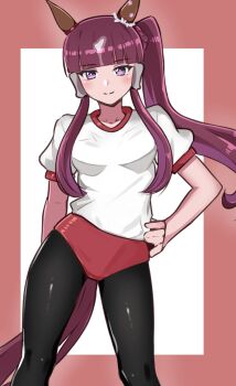 1girl animal_ears black_leggings black_pantyhose blunt_bangs blush breasts brown_hair buruma closed_mouth ear_covers enukee gym_shirt gym_uniform hair_between_eyes hair_ornament hand_on_own_hip highres horse_ears horse_girl horse_tail leggings long_hair looking_at_viewer lucky_lilac_(umamusume) medium_breasts multicolored_hair pantyhose purple_eyes red_buruma shirt short_sleeves side_ponytail smile solo tail tracen_training_uniform umamusume white_shirt