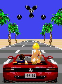 1boy 1girl ass black_shirt blonde_hair brown_hair car driving from_behind hand_on_another's_ass hetero motor_vehicle nude out_run palm_tree pixel_art road saiwai_hiroshi sand sega shirt short_hair sitting sky standing tank_top tree