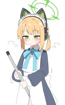 1girl :| animal_ear_headphones animal_ears apron aqua_bow aqua_bowtie back_bow black_dress blonde_hair blue_archive blush bow bowtie broom cat_ear_headphones cat_ears closed_mouth collared_dress contrast_collar crotch_rub dress fake_animal_ears green_eyes green_halo hair_bow halo headphones highres holding holding_broom implied_masturbation long_sleeves maid maid_apron maid_headdress midori_(blue_archive) midori_(maid)_(blue_archive) nihohohi official_alternate_costume official_alternate_hairstyle parted_bangs ponytail puffy_long_sleeves puffy_sleeves short_hair short_ponytail sidelocks simple_background solo standing sweat white_apron white_background white_bow white_headdress
