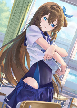 1girl black_one-piece_swimsuit blue_eyes blue_skirt brown_hair classroom commentary_request competition_swimsuit covered_navel cowboy_shot desk dutch_angle highres long_hair nakaneabura8623 one-piece_swimsuit original pleated_skirt sailor_collar sailor_shirt school_desk shirt skirt solo swimsuit swimsuit_under_clothes tongue tongue_out undressing white_shirt