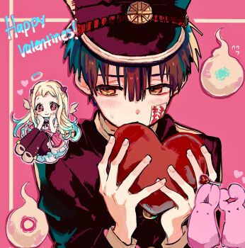 Rule 34 | 1boy, 1girl, blunt ends, blush, brown hair, center-flap bangs, chibi, chibi inset, commentary, creature, flying sweatdrops, gakuran, gakuseibou, hair between eyes, hanako (jibaku shounen hanako-kun), happy valentine, hat, heart, high collar, highres, hitodama, holding, holding heart, jibaku shounen hanako-kun, long sleeves, looking to the side, male focus, mokke (jibaku shounen hanako-kun), ofuda, outline, peaked cap, pink background, pink outline, school uniform, short hair, shy, smile, solo focus, sweatdrop, yashiro nene, yuumewu