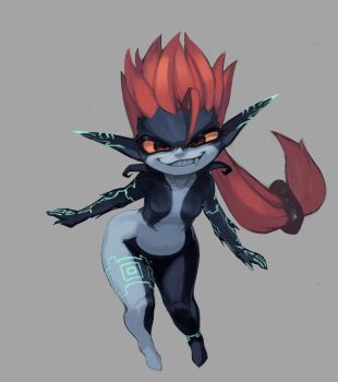 1girl 2025 abstract_background absurdres arm_tattoo arms_at_sides barefoot black_skin blue_background blue_skin breasts colored_sclera colored_skin covered_eyes curvy fang fang_out floating full_body glowing glowing_tattoo grin helmet helmet_over_eyes highres leaning_forward leg_tattoo long_hair low_ponytail midna multicolored_skin navel nintendo no_nipples nude null_skull orange_hair ponytail red_eyes serious shortstack small_breasts smile spiked_hair tattoo the_legend_of_zelda the_legend_of_zelda:_twilight_princess thick_thighs thighs two-tone_skin unworn_headwear unworn_helmet variant_set wide_hips yellow_sclera