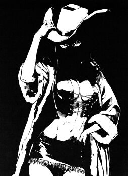 1girl arm_up breasts cleavage coat commentary commission covered_face cowboy_hat cowboy_shot cross-laced_clothes cross-laced_top greyscale hand_on_headwear hand_on_own_hip hat highres hitboxsamurai looking_at_viewer miniskirt monochrome navel nico_robin no_bra one_piece open_clothes open_coat ringed_eyes shaded_face skirt sleeveless solo stomach unfinished white_background