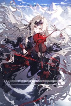 1girl bird black_dress black_flower black_ribbon black_rose buttons commission dress flower hair_between_eyes hair_flower hair_ornament hair_ribbon heterochromia highres looking_at_viewer mountain original parted_lips red_eyes red_flower red_rose ribbon rose snowcake47 solo teeth white_hair yellow_eyes