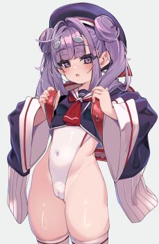 1girl backpack bag black_hat black_skirt cameltoe covered_navel double_bun groin hair_bun hair_intakes hat highleg highleg_leotard highres leotard loli long_hair no_pants open_mouth original purple_eyes purple_hair randoseru shirt skirt solo stomach thighhighs thighs twintails white_leotard white_thighhighs wide_sleeves zibun_owl