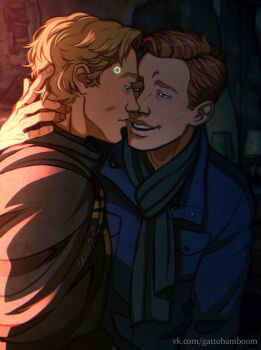 Rule 34 | 2boys, alternate costume, android, blonde hair, blue eyes, casual, cloak, commentary, detroit: become human, green scarf, hand on another's head, highres, imminent kiss, jerry (detroit), male focus, multiple boys, orange hair, ralph (detroit), scarf, symbol-only commentary, teppn (gattobamboom), yaoi