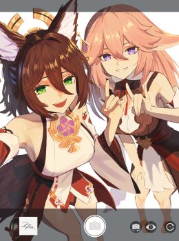 2girls absurdres animal_ear_fluff animal_ears brown_hair cosplay costume_switch detached_sleeves fox_ears fox_girl fox_shadow_puppet genshin_impact green_eyes hair_between_eyes hair_ornament hand_on_own_thigh highres honkai:_star_rail honkai_(series) japanese_clothes long_sleeves looking_at_viewer multiple_girls niadn_nb nontraditional_miko open_mouth pink_hair purple_eyes simple_background smile tingyun_(honkai:_star_rail) tingyun_(honkai:_star_rail)_(cosplay) white_background wide_sleeves yae_miko yae_miko_(cosplay)