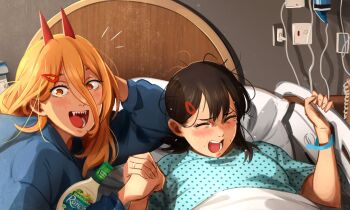2girls :d bed black_hair blonde_hair blue_jacket blue_shirt blush bottle celtic_cross chainsaw_man commentary cross crying crying_with_eyes_closed giving_birth hair_ornament hairclip higashiyama_kobeni highres holding_hands horns hospital_bed hospital_gown indoors jacket jewelry khyle. long_hair looking_at_viewer lying multiple_girls on_back open_mouth polka_dot power_(chainsaw_man) red_horns ring salad_dressing sharp_teeth shirt short_sleeves smile symbol-shaped_pupils teeth upper_body wristband yellow_eyes