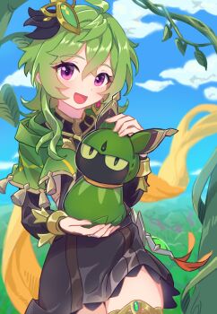 1girl :d absurdres ahoge black_dress blurry blurry_background capelet cloud cloudy_sky collei_(genshin_impact) commentary_request cowboy_shot crossed_bangs cuilein-anbar_(genshin_impact) doll dot_nose dress earrings eyelashes genshin_impact green_capelet green_hair hair_between_eyes hair_ornament highres holding holding_doll jewelry leaf_hair_ornament long_hair long_sleeves looking_at_viewer medium_hair mochihuman nature open_mouth outdoors purple_eyes scarf sidelocks single_earring sky smile solo strapless thighlet tube_top vision_(genshin_impact) yellow_scarf yellow_tube_top