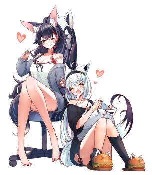 2girls ahoge alternate_costume animal_ear_fluff animal_ears asymmetrical_legwear bare_legs barefoot black_hair black_hairband black_shirt black_socks blush breasts camisole cardigan casual chair cleavage closed_eyes closed_mouth commentary convenient_leg crossed_bangs drooling food food-themed_footwear fox_ears fox_girl fox_tail full_body gaming_chair grey_cardigan hairband handheld_game_console heart holding holding_handheld_game_console hololive jakoten_(pixiv_54744064) knees_together_feet_apart long_hair looking_at_another medium_breasts mouth_drool multiple_girls official_alternate_costume official_alternate_hairstyle one_eye_closed open_cardigan open_clothes open_mouth orange_eyes pocky ponytail red_hair sharing_food shirakami_fubuki shirakami_fubuki_(loungewear) shirt sidelocks simple_background single_off_shoulder sitting smile socks strap_slip swivel_chair tail virtual_youtuber white_background white_camisole white_hair wolf_ears wolf_girl wolf_tail