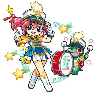1boy 1girl absurdres aiguillette anniversary back_bow band_uniform bass_drum blue_bow blue_bowtie boots bow bowtie chibikemo commentary copyright_name drum drum_major drumsticks epaulettes full_body furry furry_male gloves hair_between_eyes hand_on_headwear hands_up hat hat_ornament hat_tip high_collar highres holding holding_baton holding_drumsticks instrument kameari_shinkin_bank kokomahi marching_band_baton official_art one_eye_closed open_mouth pink_hair pleated_skirt plume red_eyes shako_cap shirt shooting_star short_hair skirt sleeveless sleeveless_shirt smile standing star_(symbol) star_hat_ornament turtle turtle_boy twintails white_boots white_gloves yellow_bow yumeka_(kameari_shinkin_bank) yuuki_(kameari_shinkin_bank)
