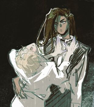 1boy 1girl alien_stage artist_name black_vest blonde_hair brown_hair closed_eyes colored_extremities commentary english_commentary grey_eyes highres hyuna_(alien_stage) leaning_back long_hair luka_(alien_stage) sberrymacchiato shirt short_hair signature vest white_shirt