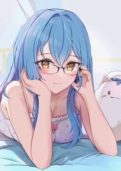 1girl absurdres bare_shoulders bespectacled black-framed_eyewear blue_hair blush breasts camisole cleavage closed_mouth collarbone colored_tips commentary_request glasses hair_between_eyes hair_ornament highres hololive karu_(karusenpai) large_breasts long_hair looking_at_viewer lying multicolored_hair official_alternate_costume official_alternate_hairstyle on_stomach smile solo streaked_hair virtual_youtuber white_camisole yellow_eyes yukihana_lamy yukihana_lamy_(roomwear) yukimin_(yukihana_lamy)