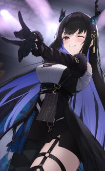 1girl absurdres asymmetrical_legwear belt black_belt black_gloves black_hair black_horns breasts broken_horn colored_inner_hair flower fur-trimmed_sleeves fur_trim gloves hair_ornament highres hololive hololive_english horn_flower horns ilie_ilie mole mole_under_eye multicolored_hair nerissa_ravencroft nerissa_ravencroft_(1st_costume) pinstripe_pattern pinstripe_shirt purple_eyes purple_hair shirt solo tassel tassel_hair_ornament virtual_youtuber white_shirt