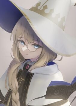 Rule 34 | 1girl, absurdres, aesc (fate), aesc (rain witch) (fate), anata6350, black dress, blonde hair, blue eyes, book, bow, bowtie, braid, brooch, cloak, commentary request, dress, fate/grand order, fate (series), glasses, gold trim, hat, highres, jewelry, long hair, long sleeves, looking at viewer, round eyewear, side ponytail, smile, solo, two-tone dress, white cloak, white dress, white hat, wide sleeves, witch hat
