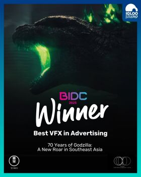 70_years_of_godzilla:_a_new_roar_in_southeast_asia anniversary bangkok_international_digital_content_festival congratulations dinosaur energy english_text glowing glowing_eyes glowing_mouth glowing_spikes godzilla godzilla_(series) green_eyes highres igloo_studio kaiju monster night no_humans official_art open_mouth overcast poster_(medium) roaring sharp_teeth sky spikes storm_cloud teeth toho tongue