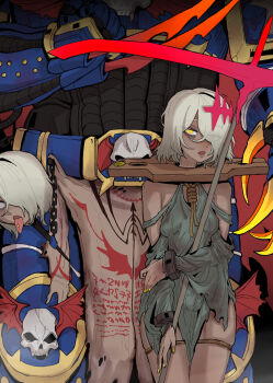 1girl 1other absurdres body_freckles breasts chinese_commentary commentary_request cuffs dark-skinned_female dark_skin decapitation ebonyxh eyes_visible_through_hair eylin_eyla_(ebonyxh) freckles guro hair_over_one_eye handcuffs highres holding holding_scythe looking_at_viewer open_mouth piercing pillory pointy_breasts ringed_eyes rope_around_neck scar scar_on_neck scythe short_hair shoulder_freckles small_breasts stocks tongue tongue_out tongue_piercing warhammer_40k white_hair yellow_eyes