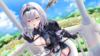 1girl :3 absurdres armor belt black_thighhighs blue_sky breastplate breasts brown_belt cleavage cloud commentary_request field fingerless_gloves flower flower_field gloves green_eyes grey_hair hair_between_eyes hair_ornament highres holding holding_mace holding_weapon hololive knight large_breasts looking_at_viewer mace open_mouth over_shoulder pelvic_curtain shirogane_noel shirogane_noel_(1st_costume) shoulder_armor sky thighhighs virtual_youtuber weapon weapon_over_shoulder zura2822