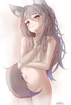 1girl animal_ear_fluff animal_ears arm_across_waist blush brown_hair commentary completely_nude flat_chest fox_ears fox_girl fox_tail hair_in_own_mouth hand_on_own_shoulder heterochromia highres light_blush light_smile long_hair looking_at_viewer nude original purple_eyes shink_(sng_k777) simple_background slit_pupils stomach tail tail_censor wet