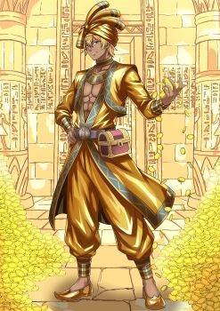 Rule 34 | 1boy, abs, absurdres, belt, blonde hair, coin, commentary request, dark-skinned male, dark skin, full body, gholdengo, gold, gold coin, hand on own hip, hieroglyphics, highres, holding, holding coin, indoors, nintendo, personification, pokemon, pouch, shoes, standing, treasure chest, turban, yokomiya4538