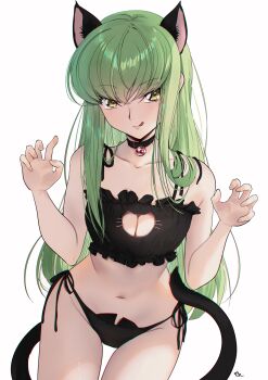 1girl :q absurdres animal_ears bell black_bra black_choker black_panties blush bra breasts budgiepon c.c. cat_cutout cat_ears cat_lingerie cat_tail choker claw_pose cleavage cleavage_cutout closed_mouth clothing_cutout code_geass collarbone commentary cowboy_shot green_hair groin hair_over_shoulder hands_up highres jingle_bell long_hair looking_at_viewer medium_breasts naughty_face navel neck_bell panties paw_pose side-tie_panties signature simple_background sitting smile solo stomach straight_hair tail thigh_gap tongue tongue_out underwear underwear_only very_long_hair w_arms white_background yellow_eyes